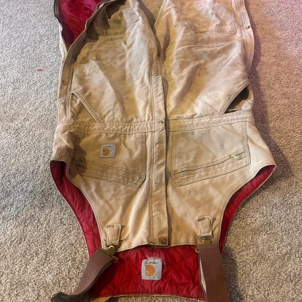 Khaki distressed Carhartt Overalls with Red Lining - Picture 3 of 9